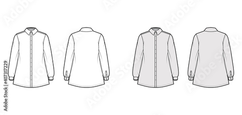 Shirt trapeze technical fashion illustration with long sleeves with cuff, classic regular collar, oversized. Flat apparel top template front, back, white grey color. Women men unisex blouse CAD mockup