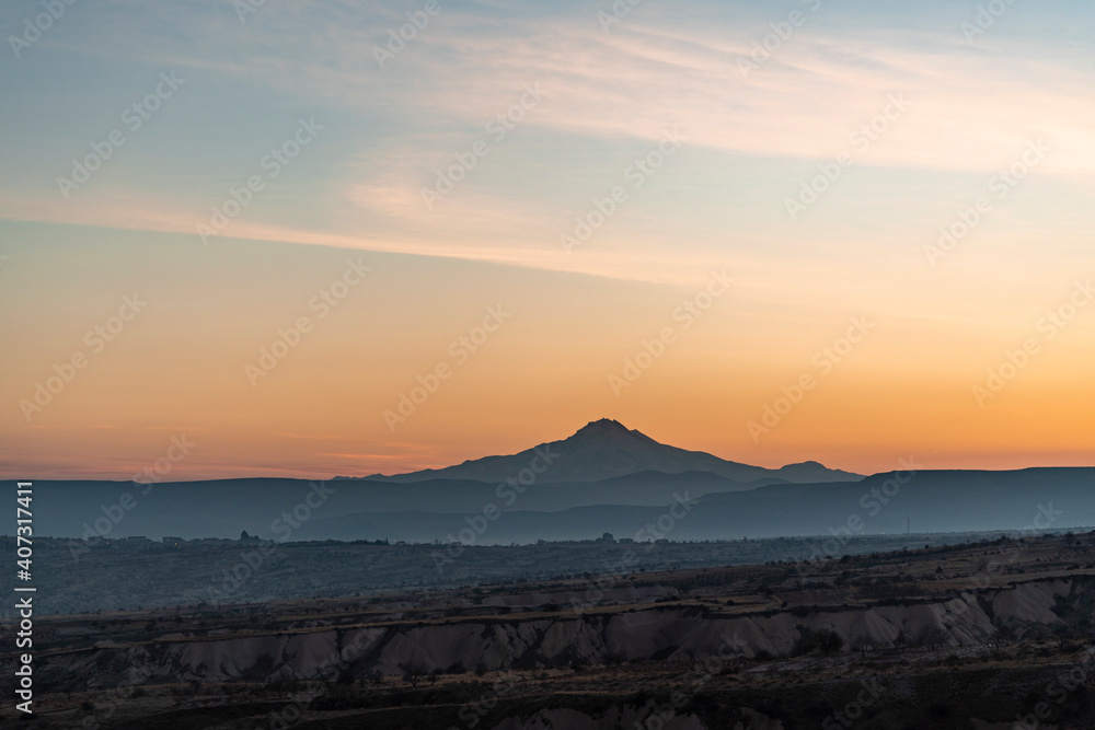 A view of the erciyes mountain from cappadocia, in Turkey. 