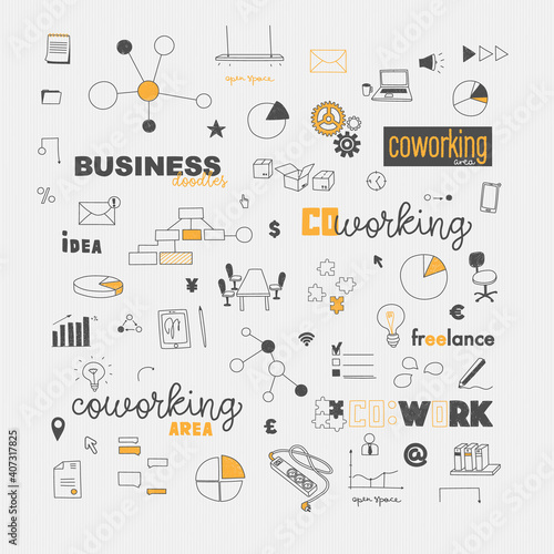 Vector elements of doodles concept of coworking, co-work and freelancing. Logo and icons. Hand drawing illustrations for web banner, design, booklets.