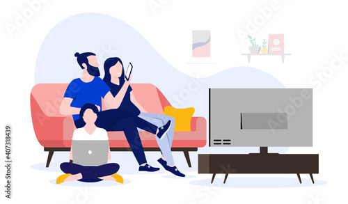 Family using internet at home - Watching tv, using computer and smartphone. Wifi and home network concept. Vector illustration.