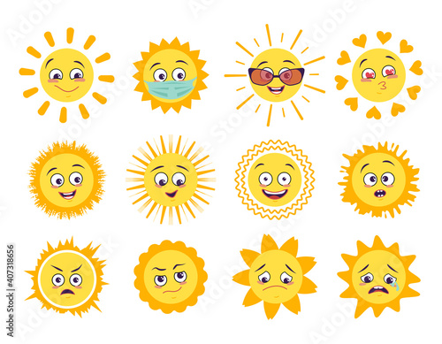Sun icons set with different emotions, mask and goggles