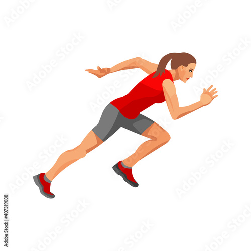 Figure of a running female sprinter at the start in red summer sportswear