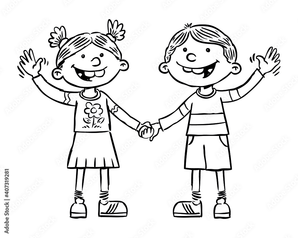 Hand drawn black and white illustration of kids who are waving hands. Vector EPS. Hand drawn black and white illustration of kids who are waving hands. Vector EPS.