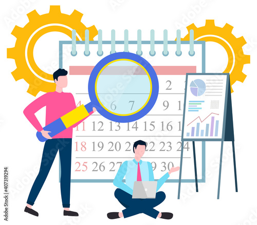 Man sitting on floor with legs crossed with laptop. Guy with magnifying glass looking at calendar. Time management and planning concept vector illustration