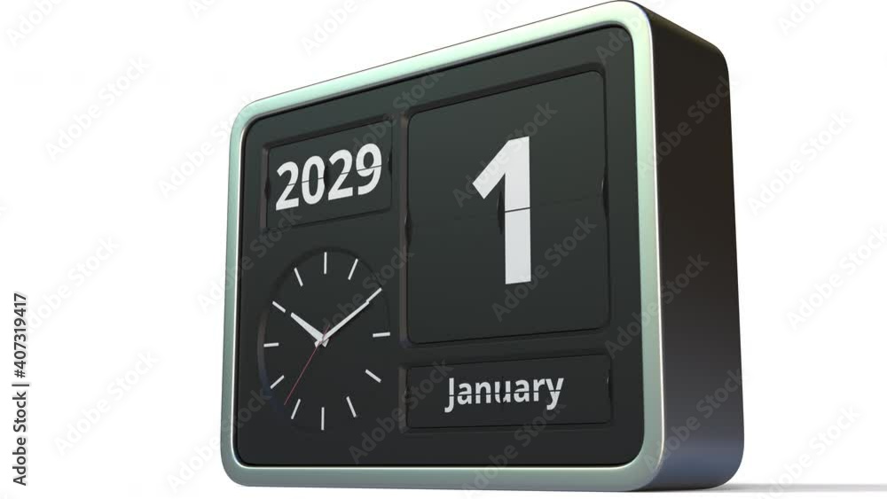 January 1, 2029 date on the flip clock calendar, 3d animation January 1, 2029 date on the flip clock calendar, 3d animation