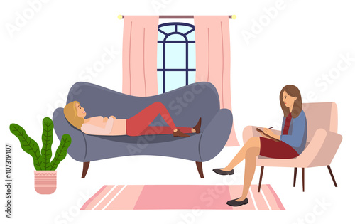 At the reception of a psychotherapist. Young girl is lying on a couch in a psychologist s office. The psychiatrist asks the patient questions, writes the test in a notebook, psychotherapy session