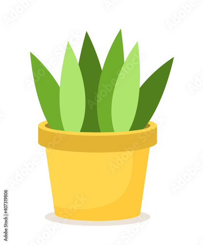 Green plant in yellow ceramic flower pot. Colorful leaves directed in opposite sides with different shades. A bright pot for a live plant. Planting isolated on white background, vector illustration