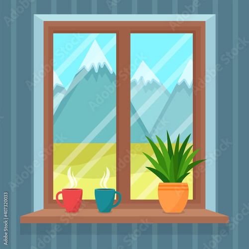 Window overlooking the beautiful landscape with mountains, vector illustration