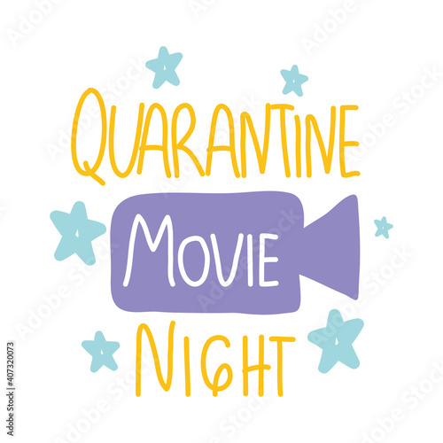 quarantine movie night lettering design with decorative videocamera and stars shapes, colorful design