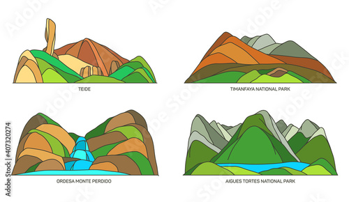 Set of Spain travel landmarks, landscape scenery
