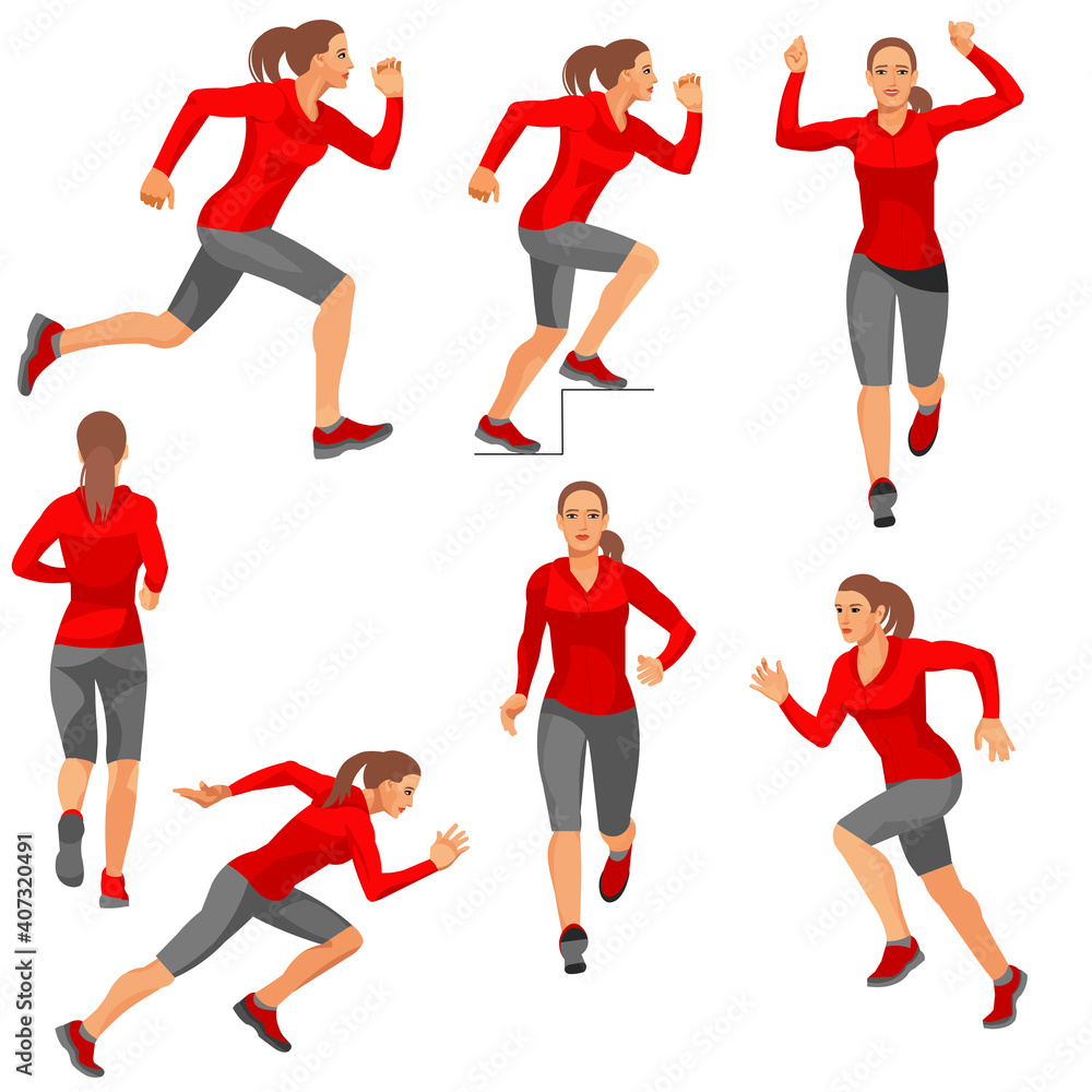 Seven isolated vector figures of running girls in warm sports clothes