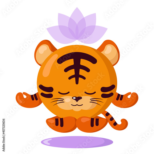 Funny cute kawaii meditating tiger with lotus flower over head and round body in flat design with shadows. Isolated meditation animal vector illustration	