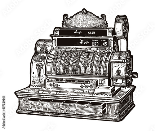 Antique wooden cash register with open drawer, in three-quarter view. Illustration after engraving from early 20th century
