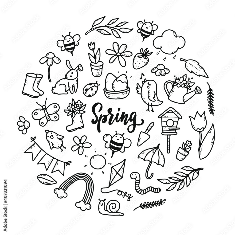 set of hand drawn spring doodles isolated on white background. good for prints, posters, cards, logos, stickers, cliparts, icons, etc. EPS 10