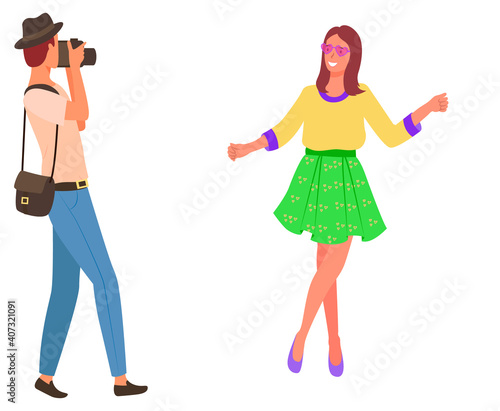 Photographer with photo camera and woman posing with flower, photosession vector. Girl and man taking picture, spring photoshooting. Photo for social media