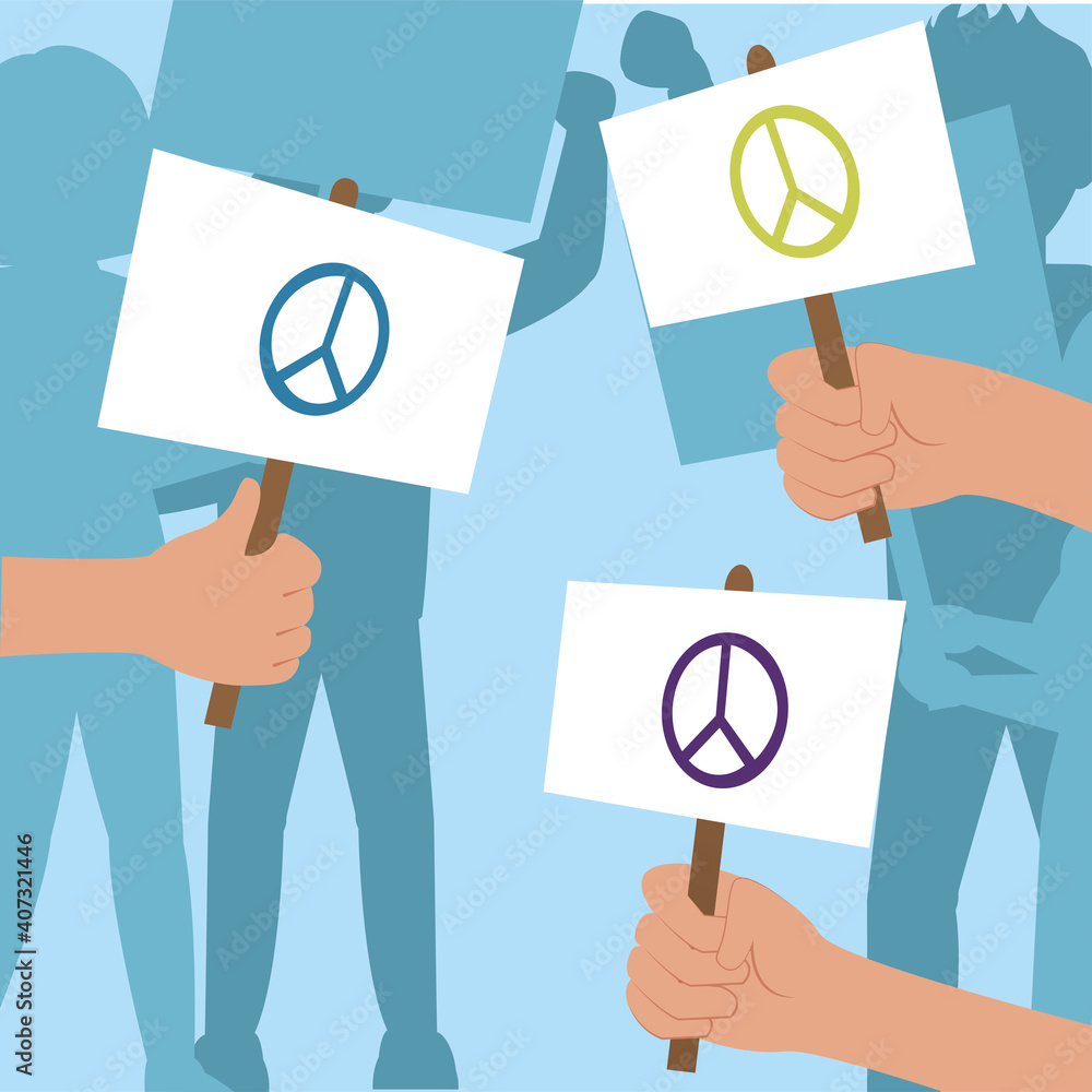 Protest hands with love and peace banners vector design Protest hands with love and peace banners vector design