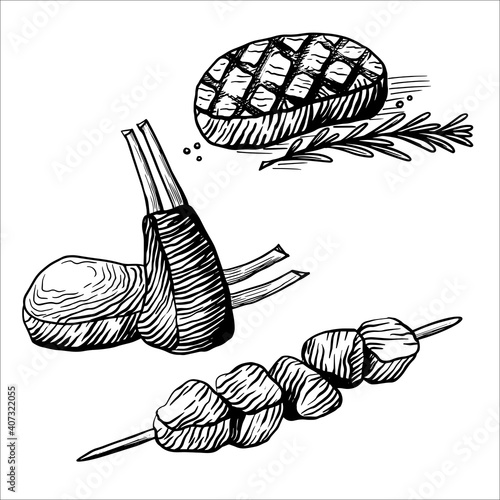 Set of meat dishes - Steak, veal ribs, and kebabs. Hand drawn Vector illustration in engraving, sketch style