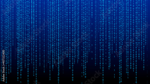 Blue matrix background. Falling numbers on screen. Technology stream binary code. Digital vector illustration. Hacking concept.
