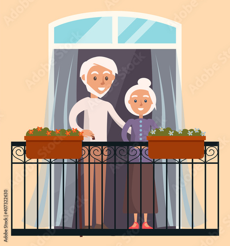 Elderly people in love resting at home. Couple looks out the window on the balcony of house. Citizens stay at home, daily routine, hobby time relaxing. Man hugs woman by waist, standing on the veranda