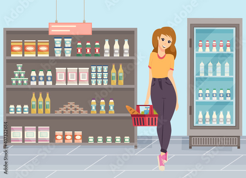 Young woman choosing products at grocery store, girl shopping at supermarket, flat vector on a background refrigerator with milk and shelves with food. Beautiful girl shopping at the supermarket