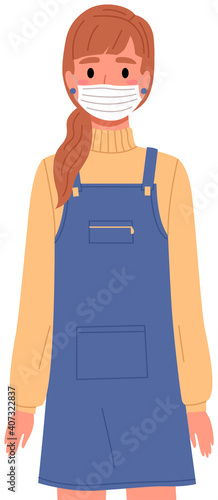 Female character is using a mask. Red-haired girl in overalls is posing. Young person in medical mask vector illustration isolated on white background. Self-isolation during quarantine and pandemic