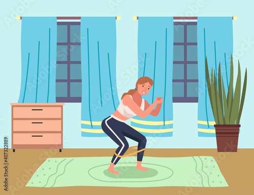 Young woman working out doing exercises at home on a mat, squat with a load in a healthy daily life concept, vector cartoon illustration. Girl is doing sport at home and stretching with yoga exercise