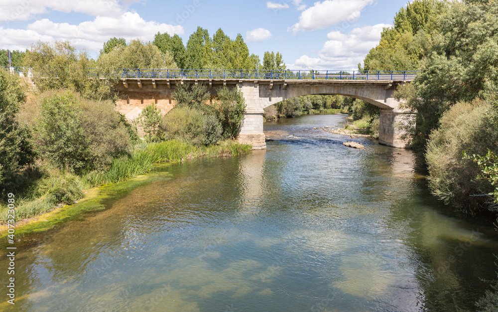 Medieval bridge over Porma river in Puente Villarente (Municipality of Villaturiel), province of Leon, Castile and Leon, Spain
