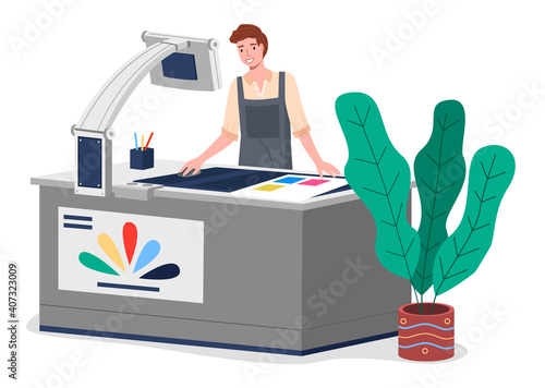 Young man working in typography at print to printer. Concept employee character, electronic device, laptop and computer, paint service. Vector illustration print house worker isolated on white