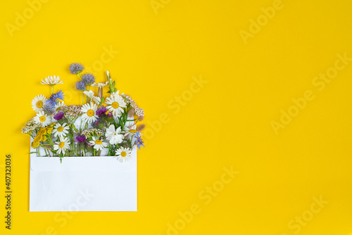 bouquet of flowers in white envelope  on colorful background.copy space.top view. photo