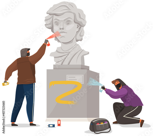 Vandals damaging monument. Bullies in hood and balaclava painting graffiti on a statue isolated on white background. Street gangsters and vandalism concept. A man bandit destroy city property