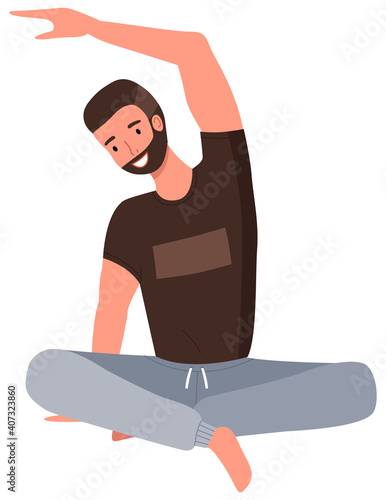 A man doing yoga exercise. Young bearded guy sitting on the floor in lotus position. Male character taking care of his health, leads a healthy lifestyle, doing relaxation exercises isolated on white