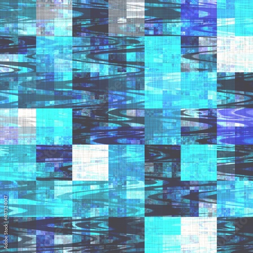 Azure blue glitch geo linen texture background. Seamless abstract textile effect. Distressed aqua water dye pattern. Coastal cottage beachhome decor. Modern marine sailor fashion repeat cotton cloth photo