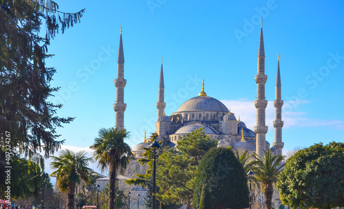 Beautiful Blue Mosque of Turkey (Sultanahmet Camii), view from parkside, Istanbul 