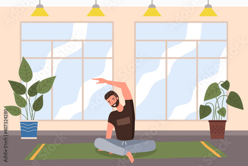 A man doing yoga exercise. Young bearded guy sitting on the floor in lotus position. Male character taking care of his health, leads a healthy lifestyle, doing relaxation exercises at home or at gym