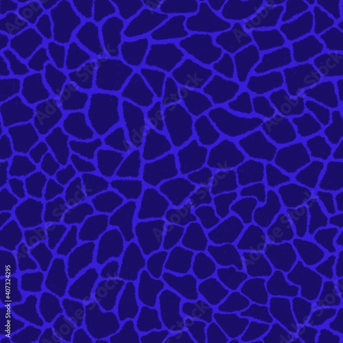 Giraffe skin color seamless pattern with fashion animal print for continuous replicate. Chaotic mosaic violet pieces on azure background. Wrapping paper, funny textile fabric print,design,decor