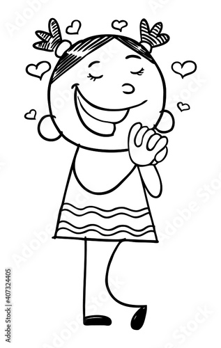 Vector EPS. Hand drawn black and white illustration of a shy girl.