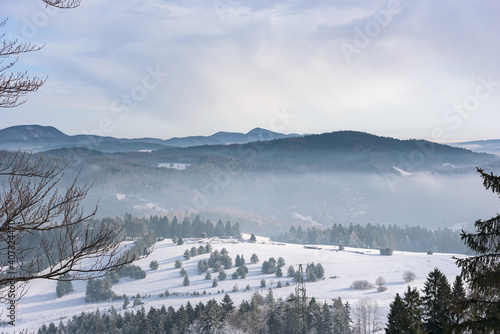 Fototapeta Naklejka Na Ścianę i Meble -  Winter foggy landscape of Beski Sadecki mountain range