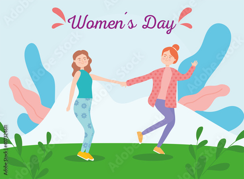 Womens day girls cartoons outside with leaves vector design