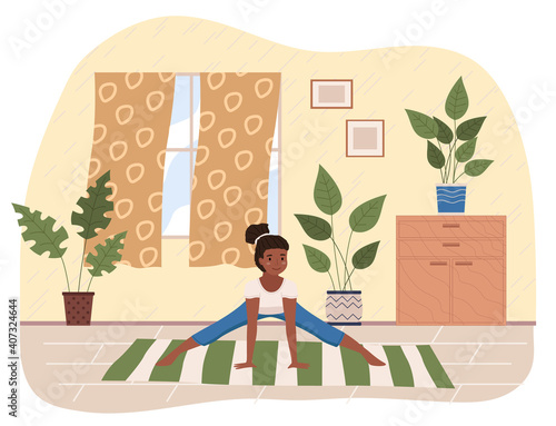 Young dark skinned girl doing stretching warm up exercise at home. Vector cartoon illustration girl doing fitness in living room, monitors her health. Development flexibility, healthy lifestyle