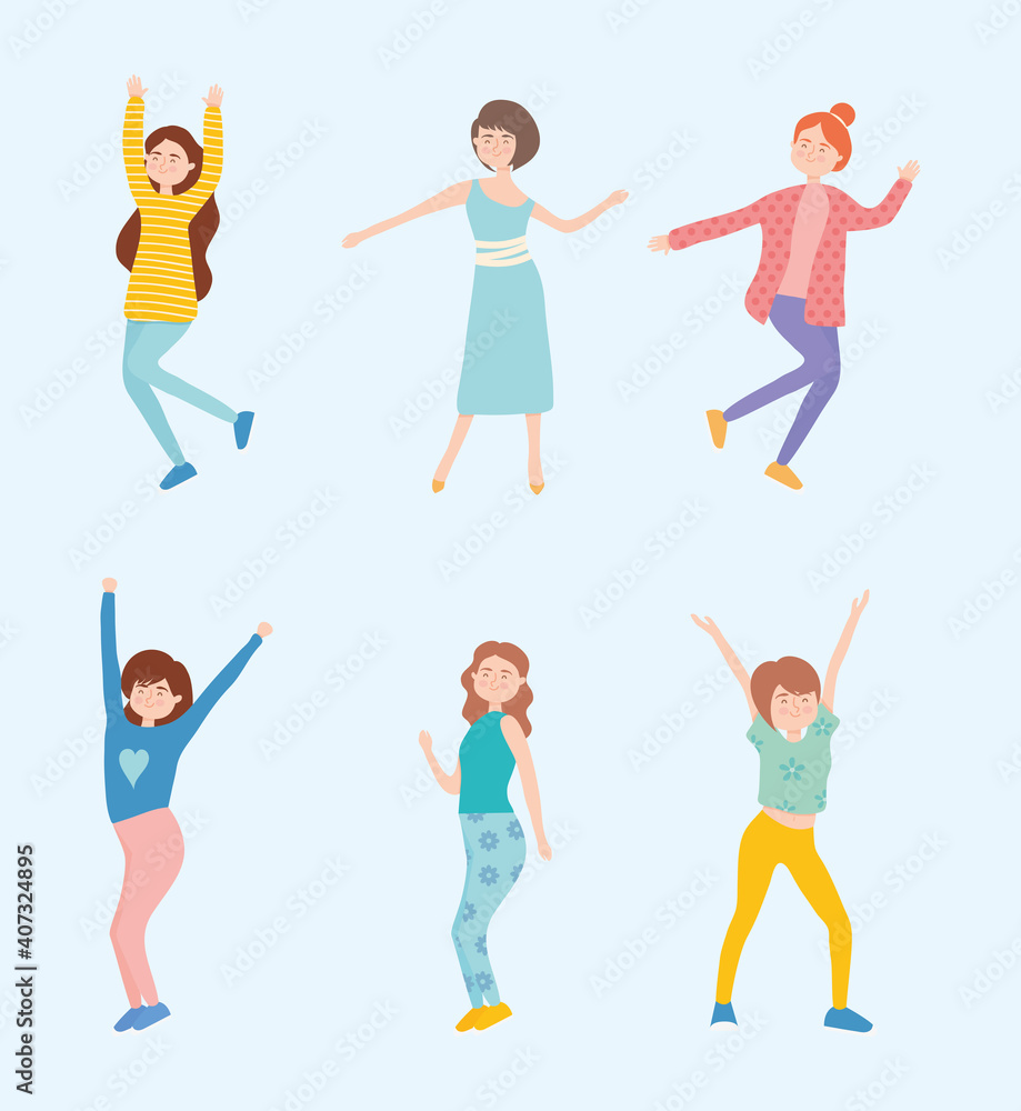 happy girls dancing icon set, colorful design happy girls dancing icon set, colorful design