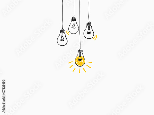 simple black childish hand drawing lines yellow lightbulbs on white for background, texture, wallpaper, banner, label etc. with copy space. vector design.