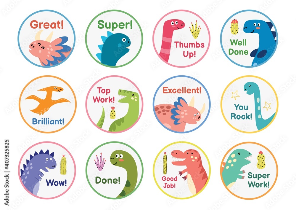 Reward stickers collection with cute dinosaurs. Teachers award badges with funny dinos. Labels for chore chart and planner. Vector illustration