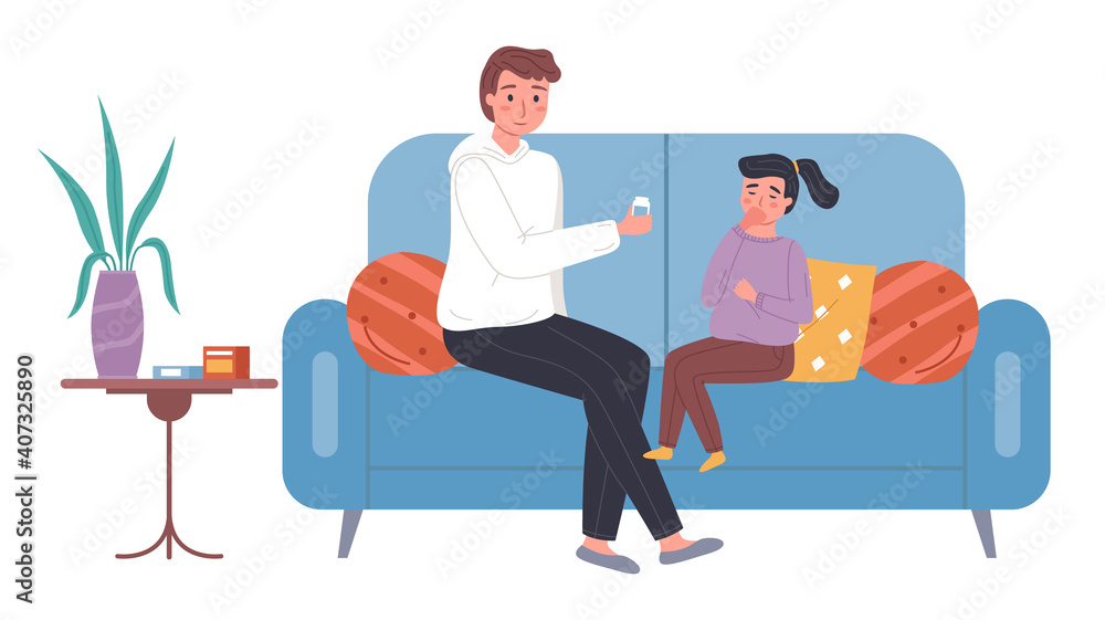 Dad treats a little child. Girl takes pills from his father. Family on the white background. Female character having a cold and sitting on the sofa. Kid is being treated for flu with special medicines