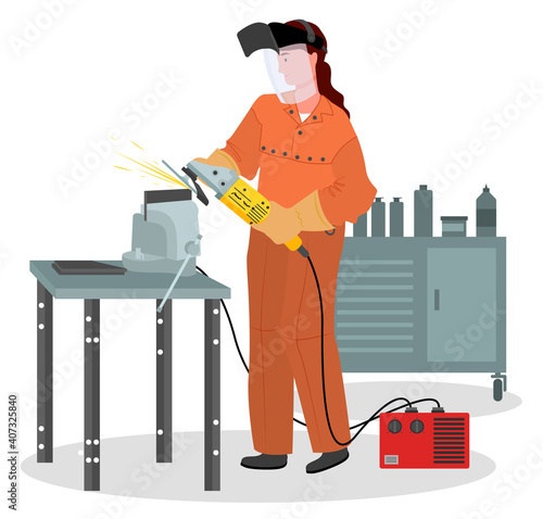 Woman wearing in uniform and protective transparent mask on face working with industrial equipment. Female factory worker cuts metal with grinder tool machine in production room workshop