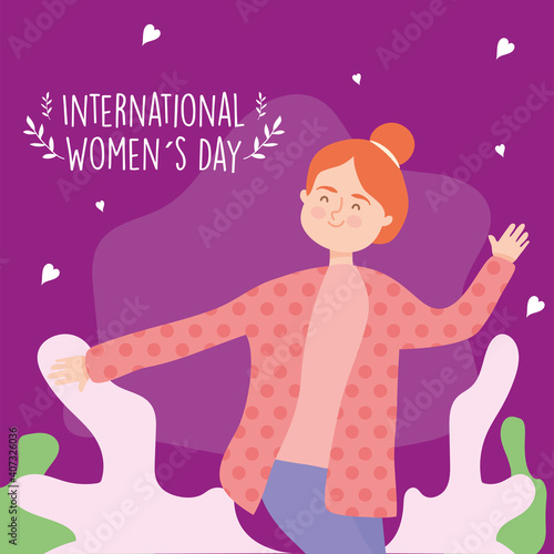 International womens day girl cartoon with leaves and hearts vector design