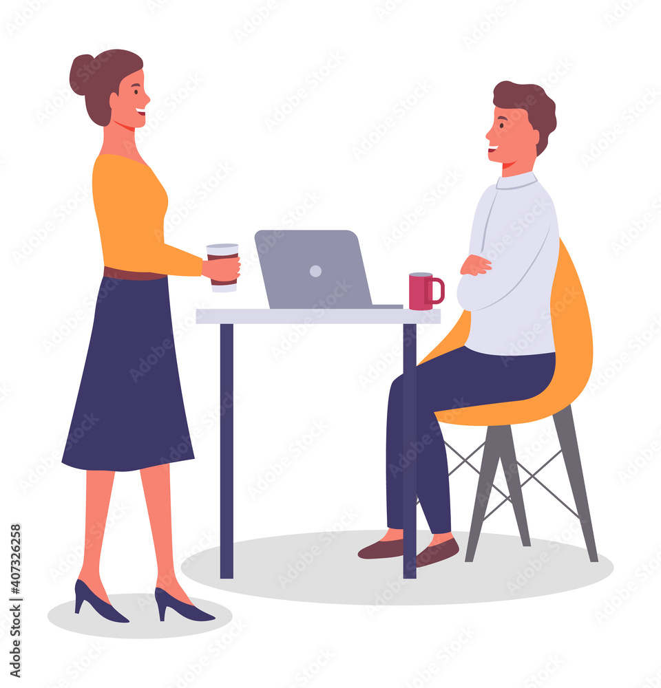Office meeting and consideration of working affairs. Woman office worker discussing project with boss. Businesswoman dressed formally standing in room and talking to man siting at table with laptop