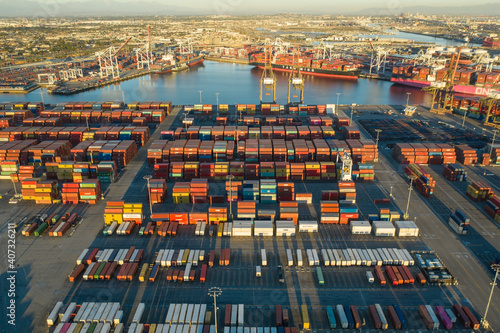 Aerial, drone shot of cargo containers in Long Beach port California USA