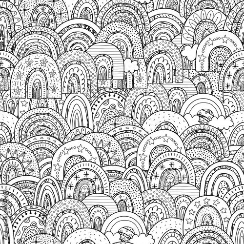 Doodle rainbows black and white seamless pattern. Fantasy coloring page for adults and kids. Outline cosmic background. Vector illustration