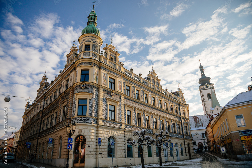 Art Nouveau neo renaissance historical building on Janacek Street at Alsovo Square in winter sunny day beautiful cityscape of medieval town Pisek, Southern Bohemia, Czech Republic