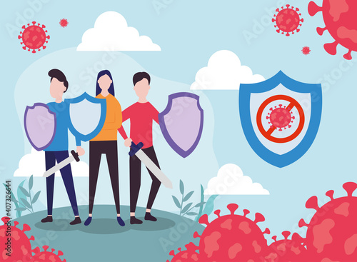 covid 19 virus fight and people with shields and swords at park vector design